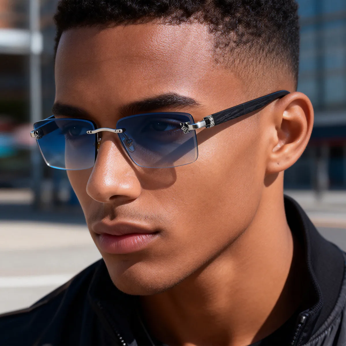 Men Retro Rimless Square Frame PC Lens Sunglasses
