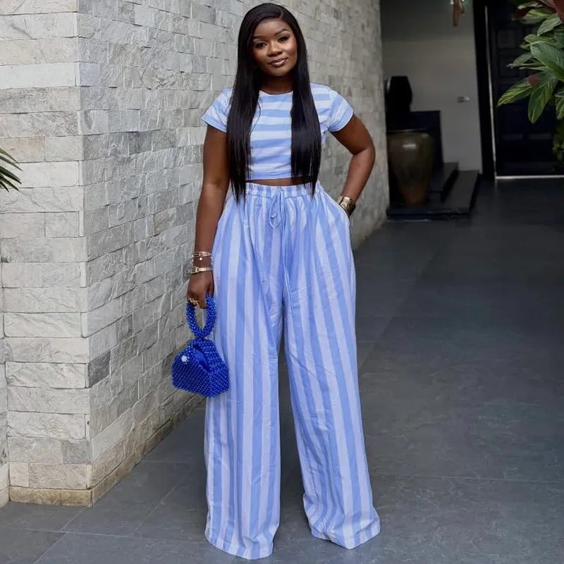 Women Fashion Casual Spring Stripe Round Neck Short-Sleeve Crop Top Wide Leg Pants Two-Piece Set