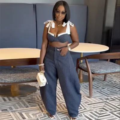 Women Fashion Sexy Summer Stitching Lace-Up Crop Top Wide Leg Pants Two-Piece Set