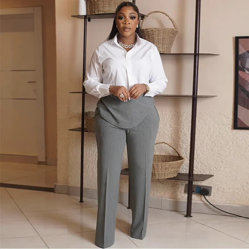 Women Fashion Casual Office Spring Stripe Stitching Lapel Long-Sleeve Blouse Wide Leg Pants Two-Piece Set