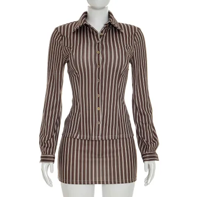Women Fashion Sexy Spring And Summer Stripe Button Lapel Long Sleeve Blouse Slim Skirt Two-Piece Set