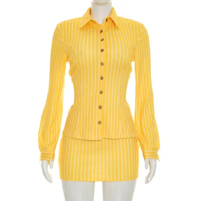 Women Fashion Sexy Spring And Summer Stripe Button Lapel Long Sleeve Blouse Slim Skirt Two-Piece Set