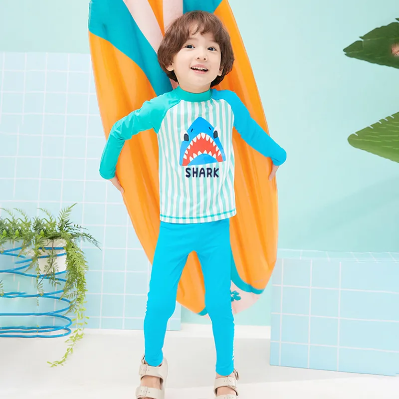 Kids Boys Shark Printed Stripe Long Sleeve Quick-Drying Swimwear Three-Piece Set