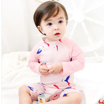 Girls Parrot Printed Long-Sleeve Zipper One-Piece Swimwear