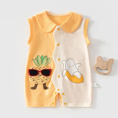 Kids Baby Boys Girls Color Block Pineapple Print Cotton Sleeveless Jumpsuit Summer Light-Weight Unisex