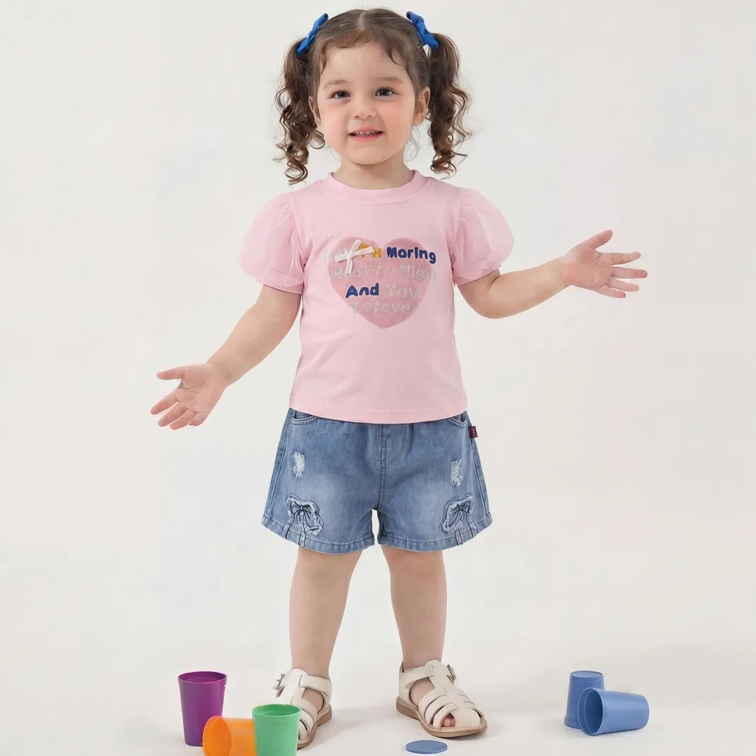 Kids Girls' Summer Love Printed Short-Sleeve T-Shirt Denim Shorts Two-Piece Set Casual Fashion
