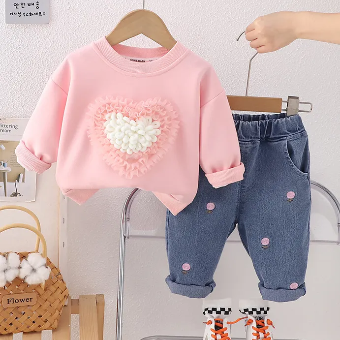 Kids Girls Fashion Love Print Long-Sleeve Sweatshirt Jeans Two-Piece Set for Spring Autumn