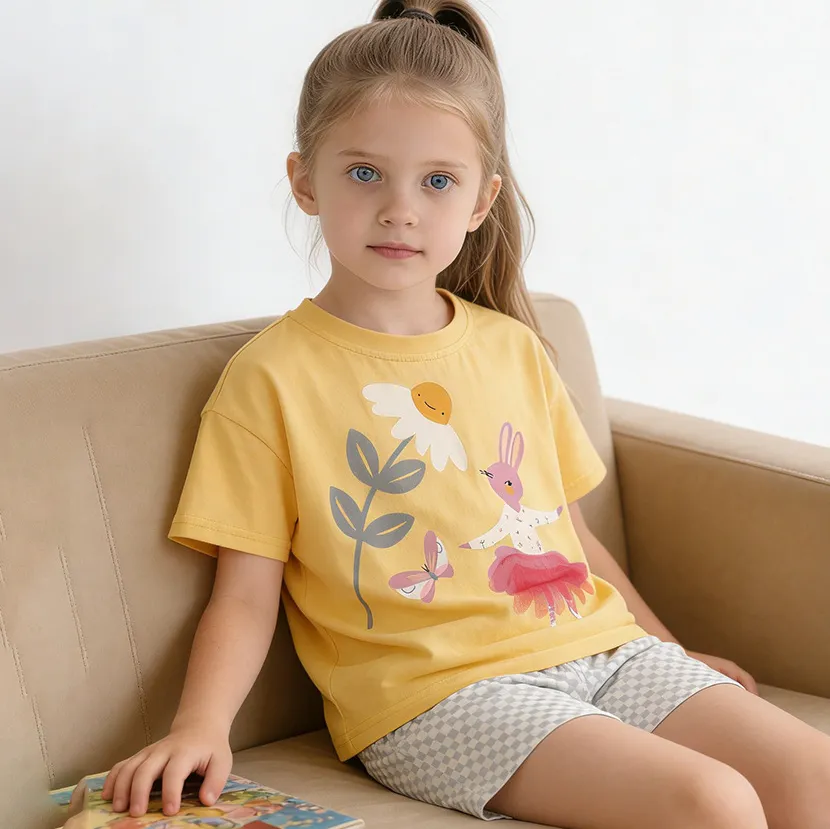Kids Girls Summer Printed Short-Sleeve T-Shirt Plaid Shorts Two-Piece Set Cotton Cartoon