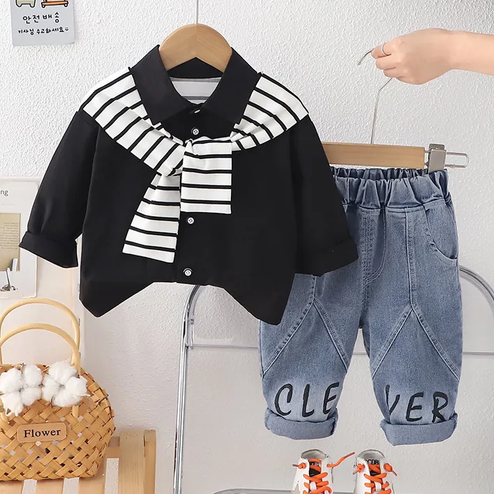 Kids Boys' Fashion Casual Spring Autumn Stripe Stitching Long-Sleeve Shirt Jeans Two-Piece Set