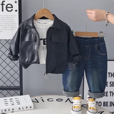 Kids Boys Fashion Spring Autumn Printed Long-Sleeve Sweatshirt PU Leather Jacket Jeans Three-Piece Set