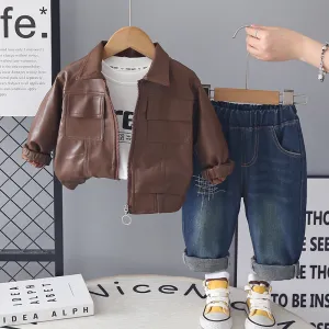 Kids Boys Fashion Spring Autumn Printed Long-Sleeve Sweatshirt PU Leather Jacket Jeans Three-Piece Set