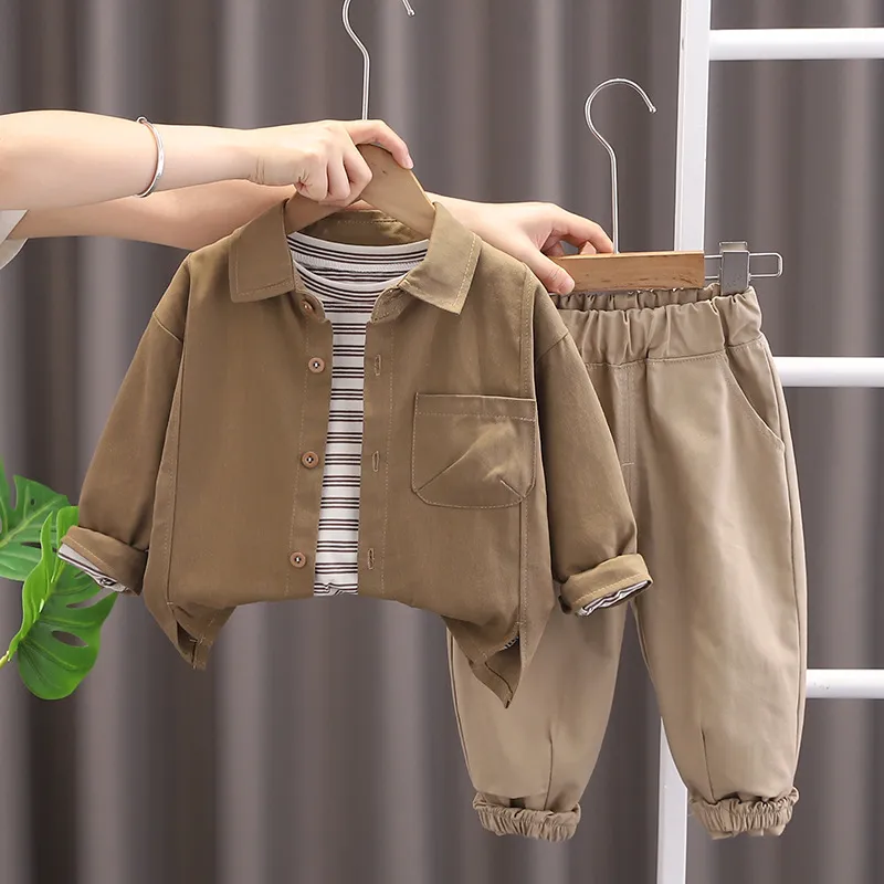 Kids Boys Autumn Stripe Long Sleeve T-Shirt Lapel Shirt Jogger Pants Three-Piece Set