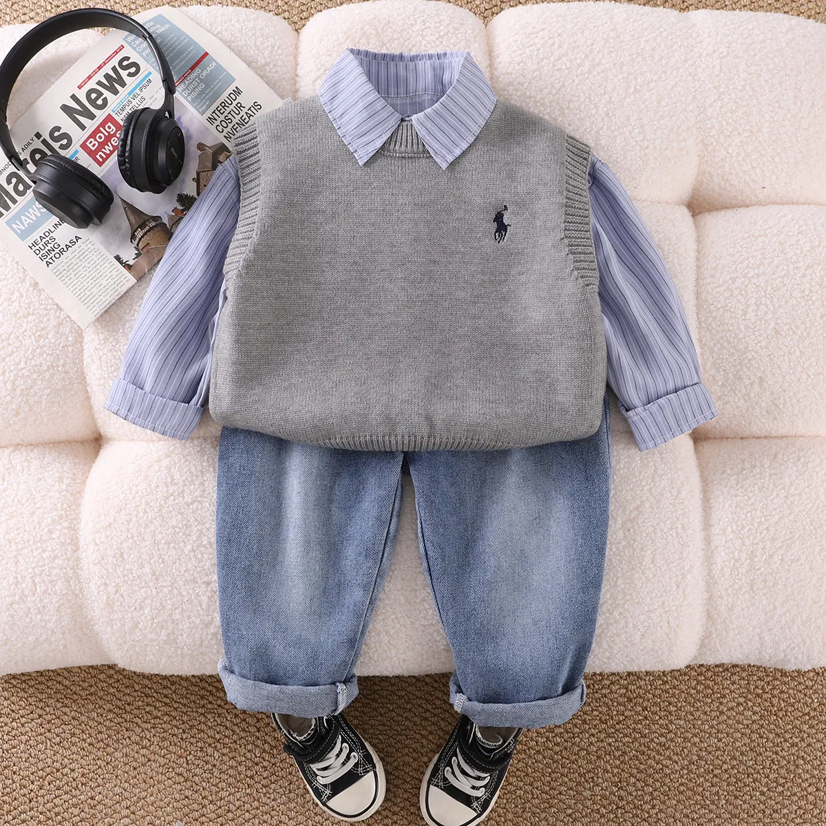 Kids Boys' Spring Stripe Long-Sleeve Shirt Knitted Sleeveless Sweater Jeans Three-Piece Set