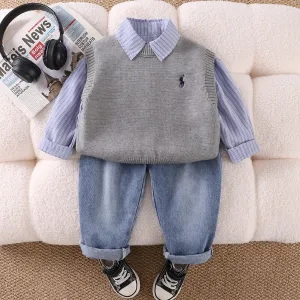 Kids Boys' Spring Stripe Long-Sleeve Shirt Knitted Sleeveless Sweater Jeans Three-Piece Set