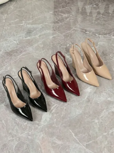 Women Fashion Sexy Simple Solid Color Pointed Toe Wedge Slingback Heeled Sandals