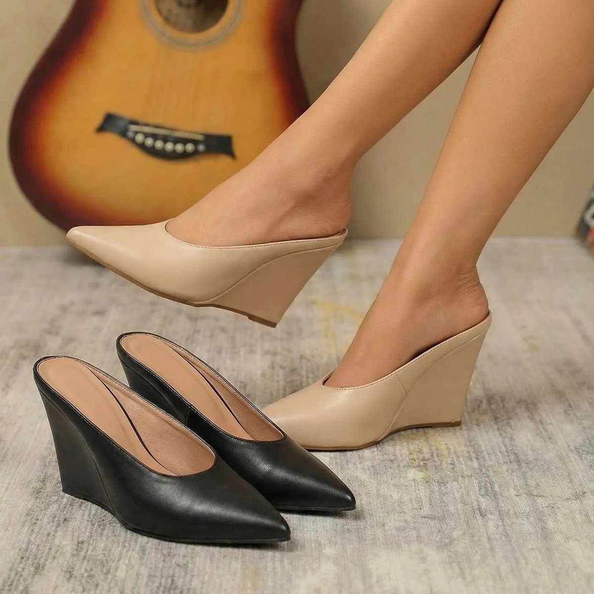 Women Fashion Sexy Simple Solid Color Pointed Toe Wedge Slingback Heeled Sandals