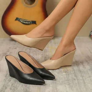 Women Fashion Sexy Simple Solid Color Pointed Toe Wedge Slingback Heeled Sandals