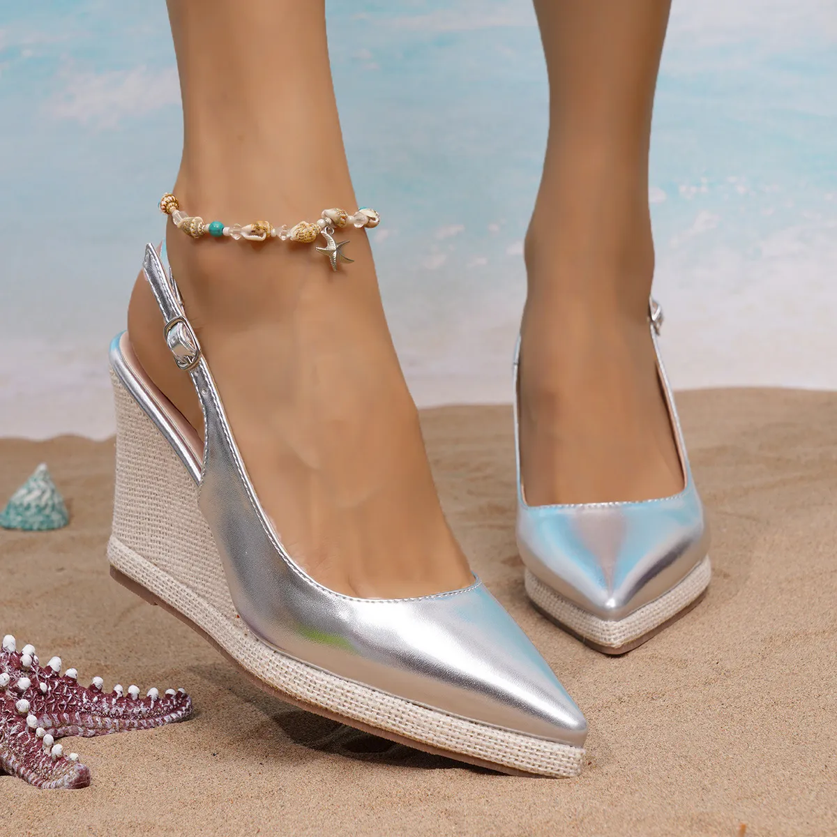 Women Fashion Sexy Solid Color Pointed Toe Wedge Slingback Heeled Sandals
