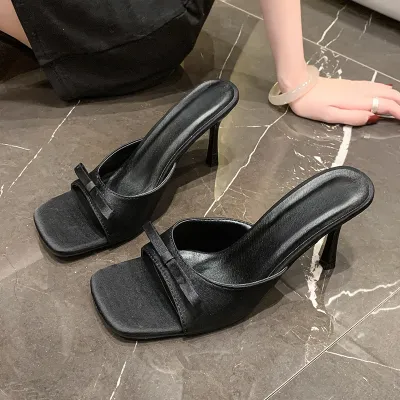 Women Fashion Sexy Solid Bowknot Square Toe Stiletto Heeled Slippers