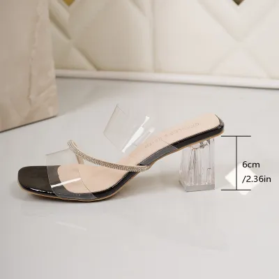 Women Sexy Transparent Rhinestone Square-Toe Chunky Heel Slippers Shoes