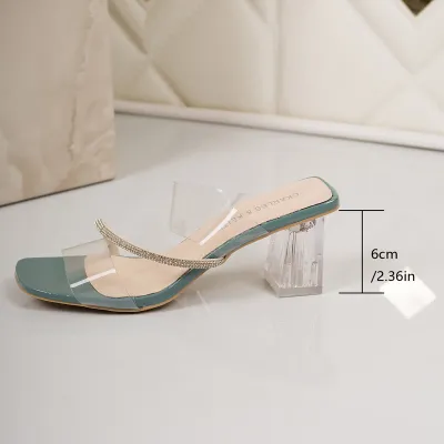 Women Sexy Transparent Rhinestone Square-Toe Chunky Heel Slippers Shoes