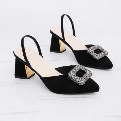 Women Fashion Elegant Rhinestone Pointed-Toe Slingback Chunky Heel Sandals