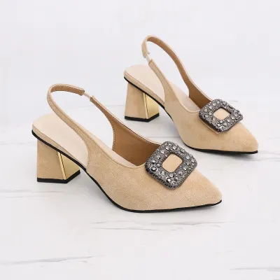 Women Fashion Elegant Rhinestone Pointed-Toe Slingback Chunky Heel Sandals