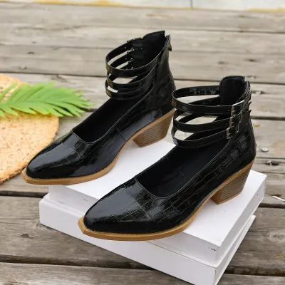 Women Fashion Retro Solid Color Pointed-Toe Zipper Thick Square Heel Pumps Shoes Heels