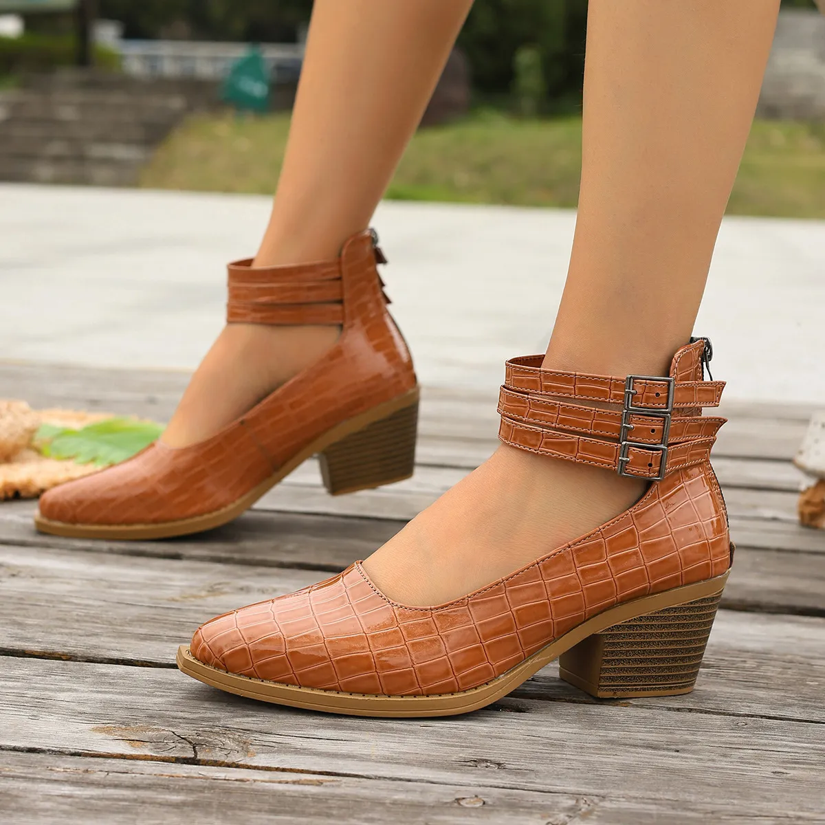 Women Fashion Retro Solid Color Pointed-Toe Zipper Thick Square Heel Pumps Shoes Heels
