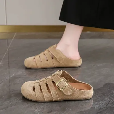 Women Fashion Casual Solid Color Round-Toe Flat Hollow Slippers Plus Size