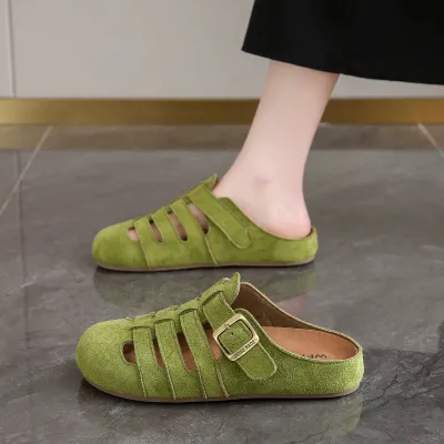 Women Fashion Casual Solid Color Round-Toe Flat Hollow Slippers Plus Size