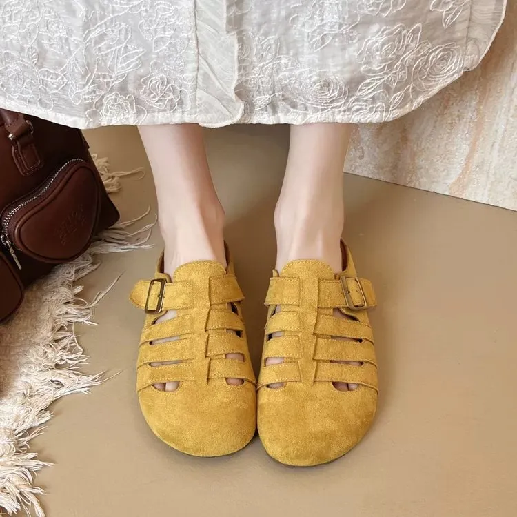 Women Fashion Casual Solid Color Round-Toe Flat Hollow Slippers Plus Size