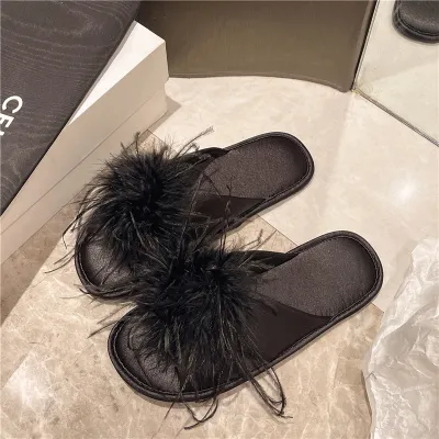 Women Fashion Casual Solid Color Feather Decoration Flat Slippers Plus Size