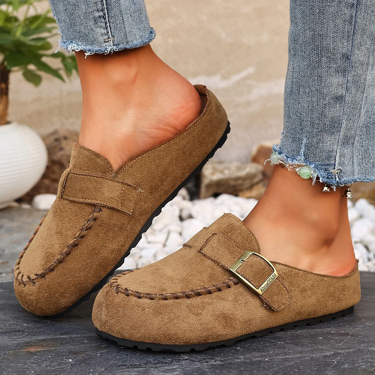 Women's Fashion Retro Suede Buckle Mules Slippers Plus Size