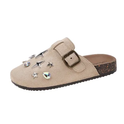 Women Retro Rhinestone Rivet Round-Toe Slip-On Flat Mules Sandals Plus Size