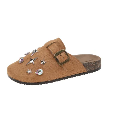 Women Retro Rhinestone Rivet Round-Toe Slip-On Flat Mules Sandals Plus Size