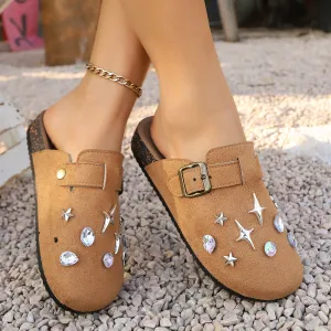 Women Retro Rhinestone Rivet Round-Toe Slip-On Flat Mules Sandals Plus Size