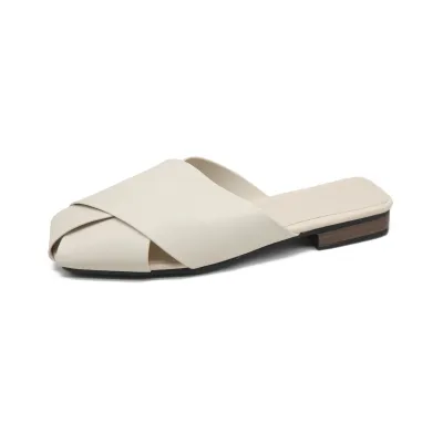 Women Fashion Casual Solid Color Woven Square-Toe Slip-On Flat Mules Sandals