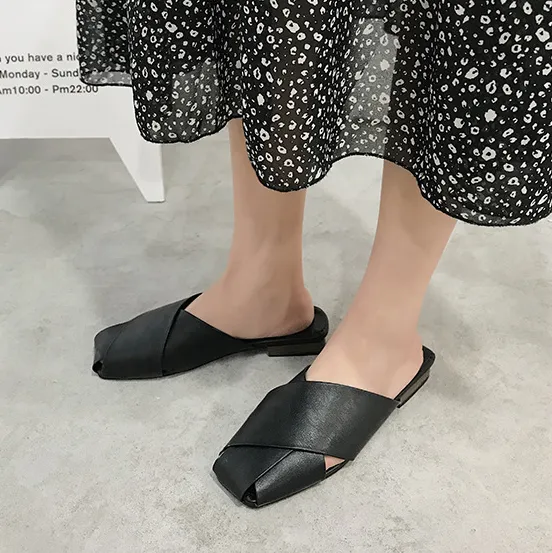 Women Fashion Casual Solid Color Woven Square-Toe Slip-On Flat Mules Sandals