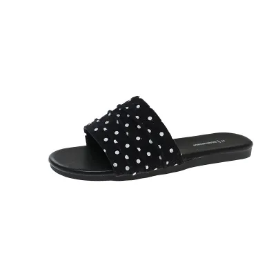 Women's Canvas Polka Dot Flat Slippers Black White Casual Beach Shoes