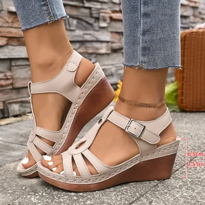 Women Casual Peep-Toe Buckle Strap Wedge Sandals PU Round Toe