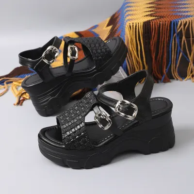 Women's Fashion Casual Solid Color Wedge Heel Platform Peep-Toe Sandals