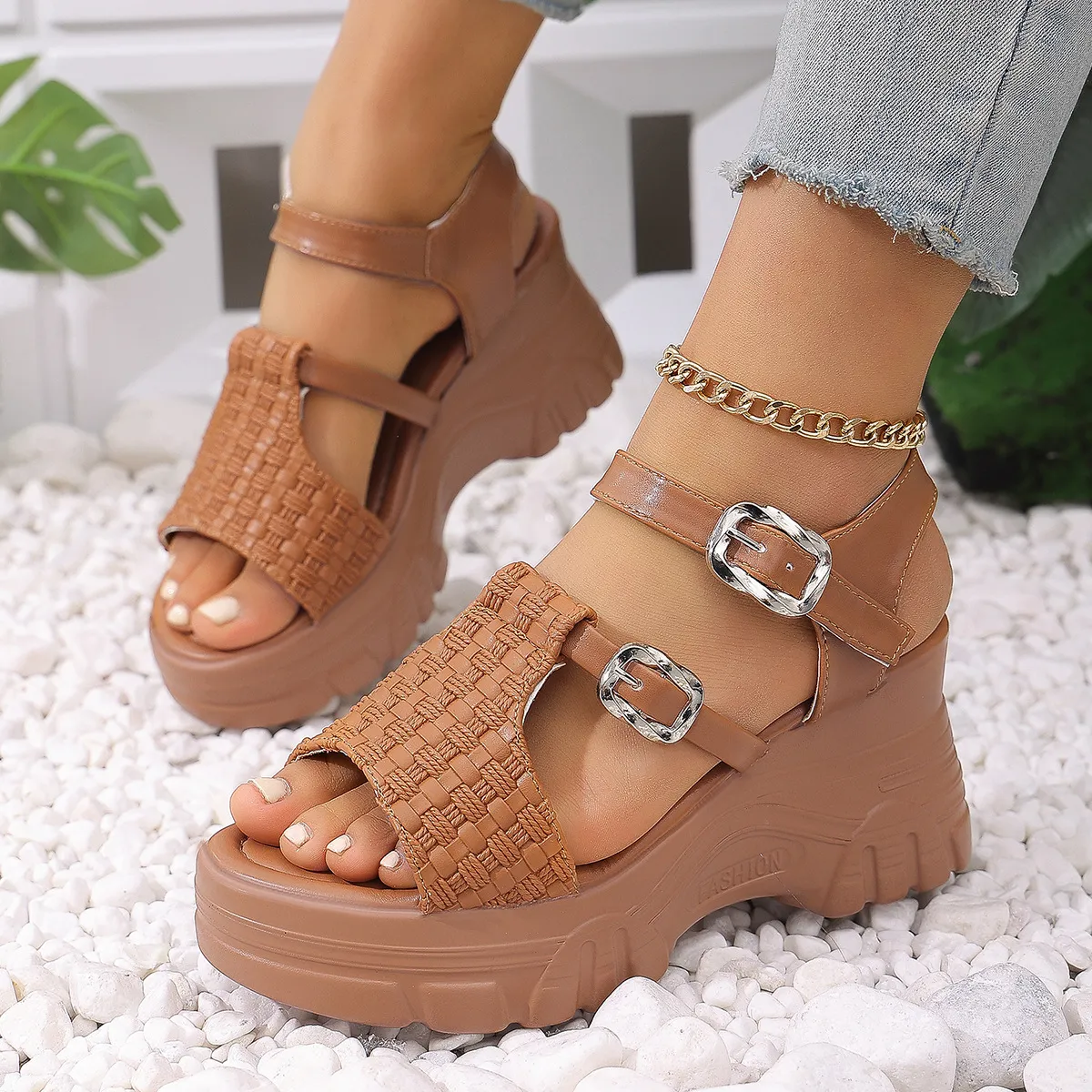 Women's Fashion Casual Solid Color Wedge Heel Platform Peep-Toe Sandals