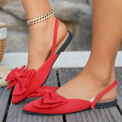 Women Fashion Casual Solid Color Bowknot Pointed Toe Flat Sandals Plus Size