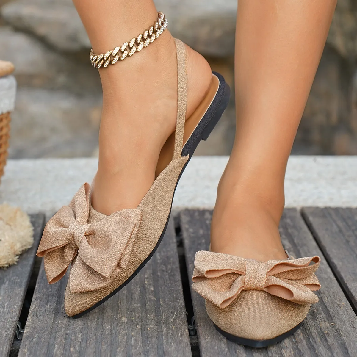 Women Fashion Casual Solid Color Bowknot Pointed Toe Flat Sandals Plus Size