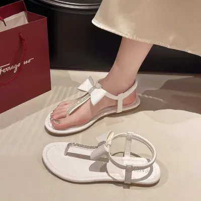 Women Fashion Rhinestone Bowknot Flat Sandals Plus Size