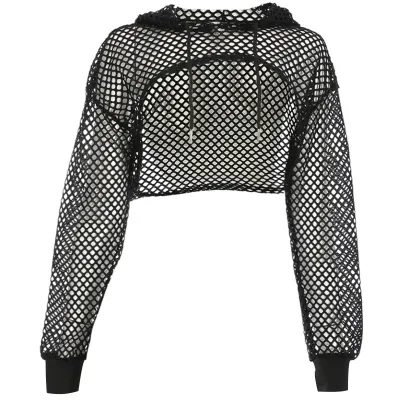 Sexy Women'S Solid Color Hollow Out Blouse Sunscreen Hooded Cropped Top