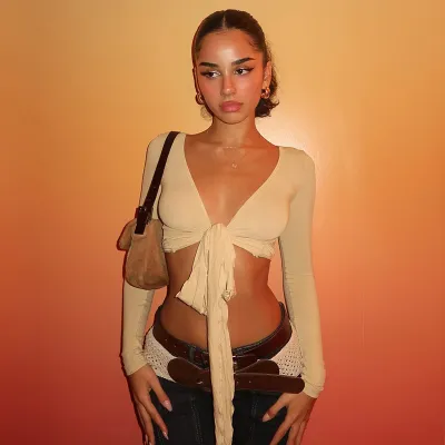 Summer WomenS Fashion Solid Color Long Sleeve Strap Cropped Top