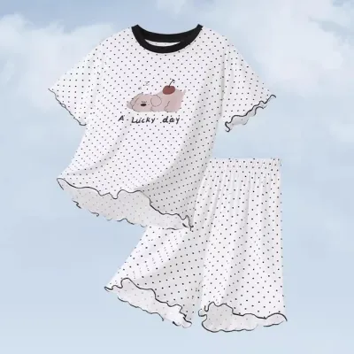 Kids Girls Summer Ice Silk Polka Dot Short-Sleeve T-Shirt Loose Shorts Pajamas Two-Piece Set