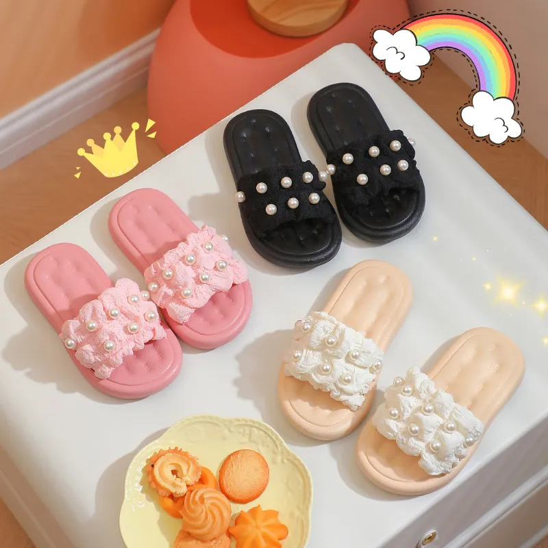 Kids Girls Fashion Casual Pearl Decoration Soft Bottom Breathable Princess Slippers